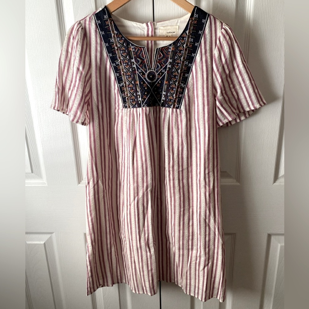The Korner Red/White Striped Embroidered‎ Bead Boho Notch Neck Shift Dress S